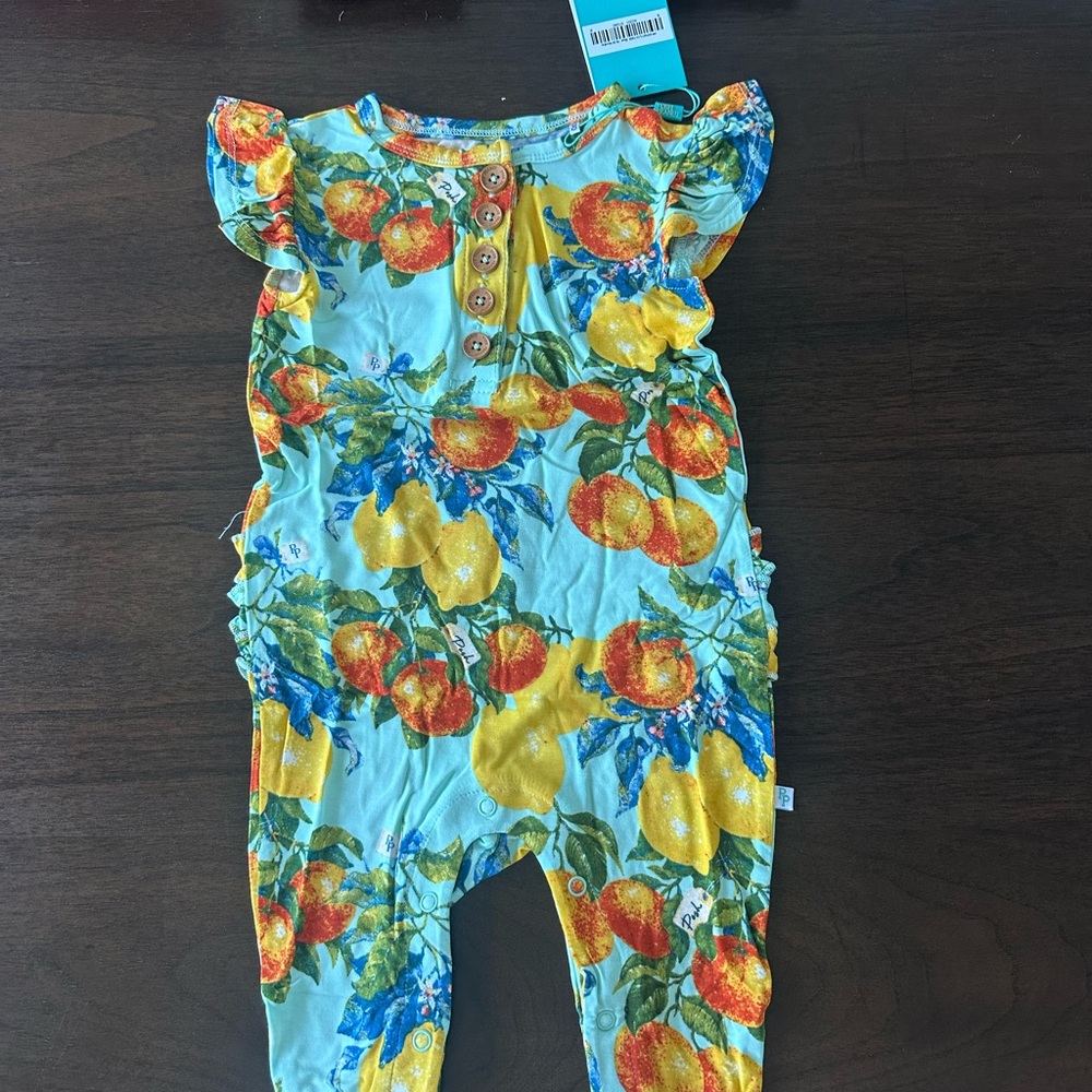 Posh Peanut Blue Fruit-Print Romper with Yellow & Orange Fruit